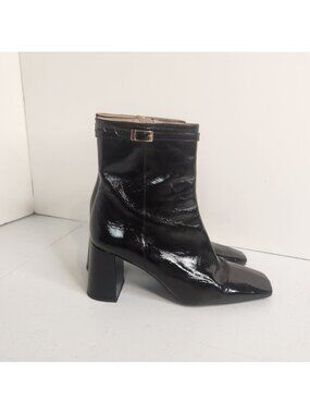 Ana Palma Black Patent Leather Chunky High Heel Boots Ankle Booties Size 41 9.5